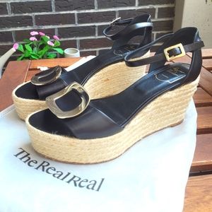 Roger Vivier Corda Chips Espadrile Wedge Glossed Leather Sandals Size eu40 us 10